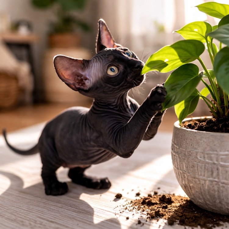 Gato ao lado de vaso com flores O conteúdo gerado por IA pode estar incorreto.