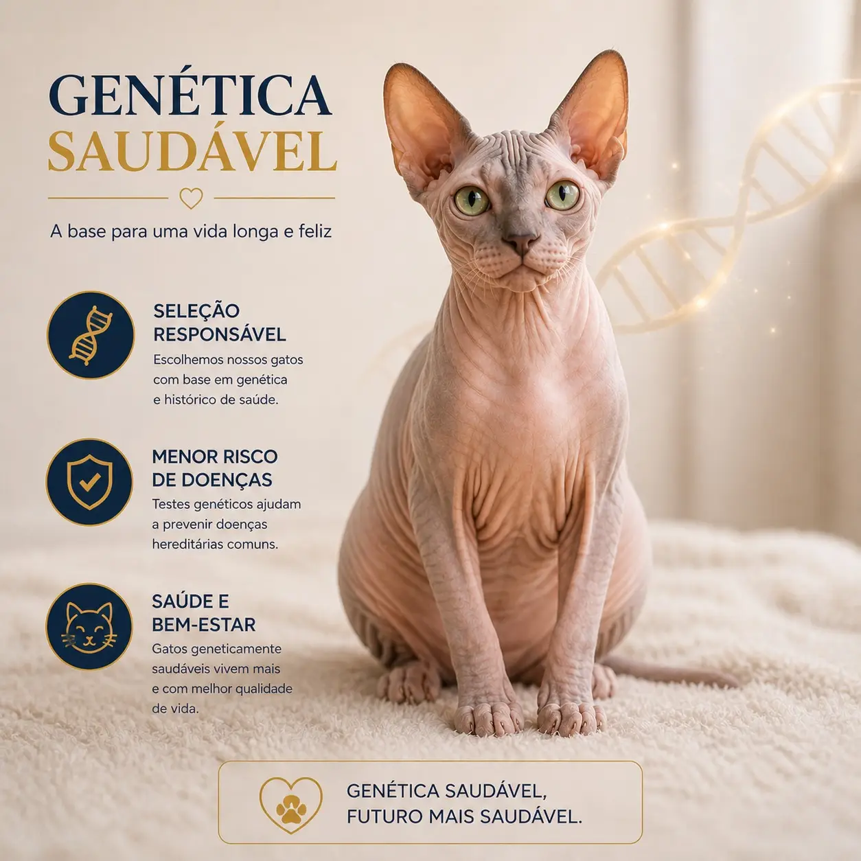 Genética saudável em Sphynx, Bambino e Dwelf - testes e exames no Gatil Filhotes Nobres